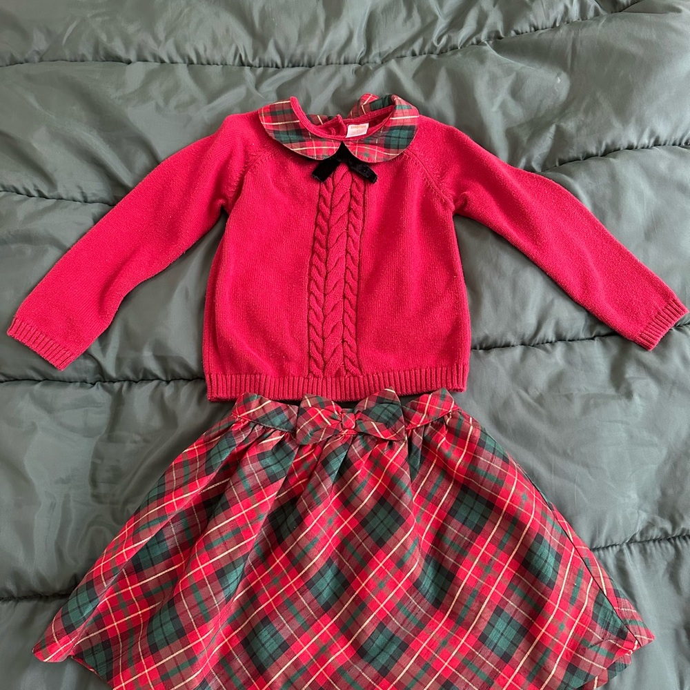 Red Sweater with Plaid Skirt Set